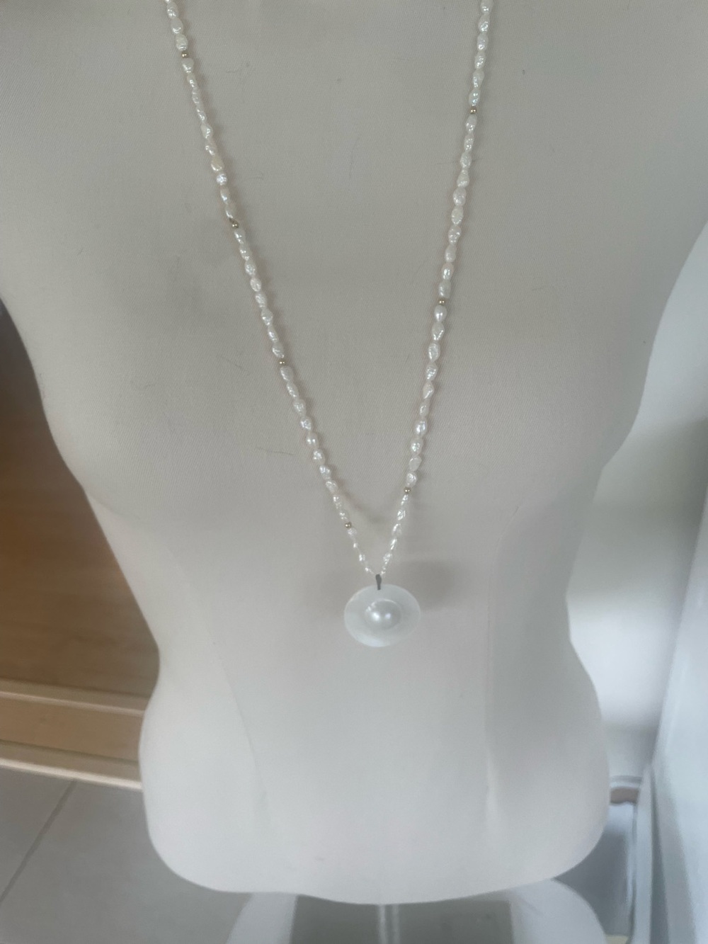 Long Blister Pearl Pendant on a Rice Pearl Necklace  34 inches Handmade NWT